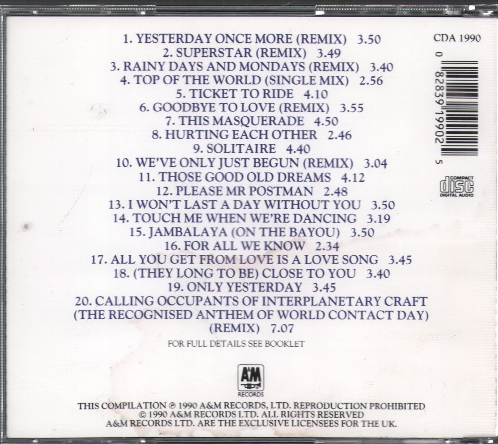 Carpenters - Only Yesterday - Richard & Karen Carpenter's Greatest Hits - Cd
