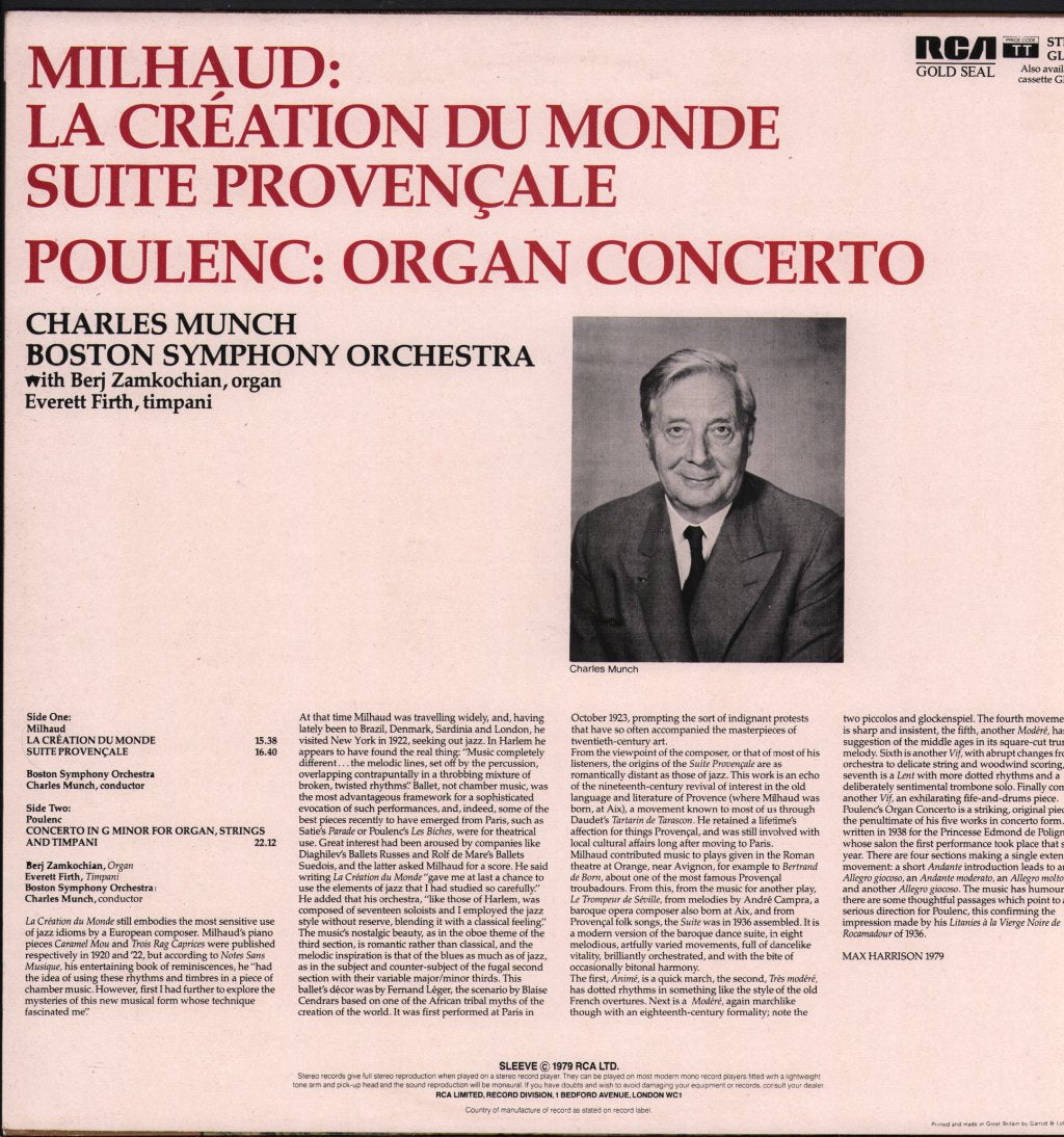 Charles Munch / Boston Symphony Orchestra / Berj Zamkochian / Everett Firth - Milhaud - La Creation Du Monde / Suite Provencale / Poulenc - Organ Concerto - Lp