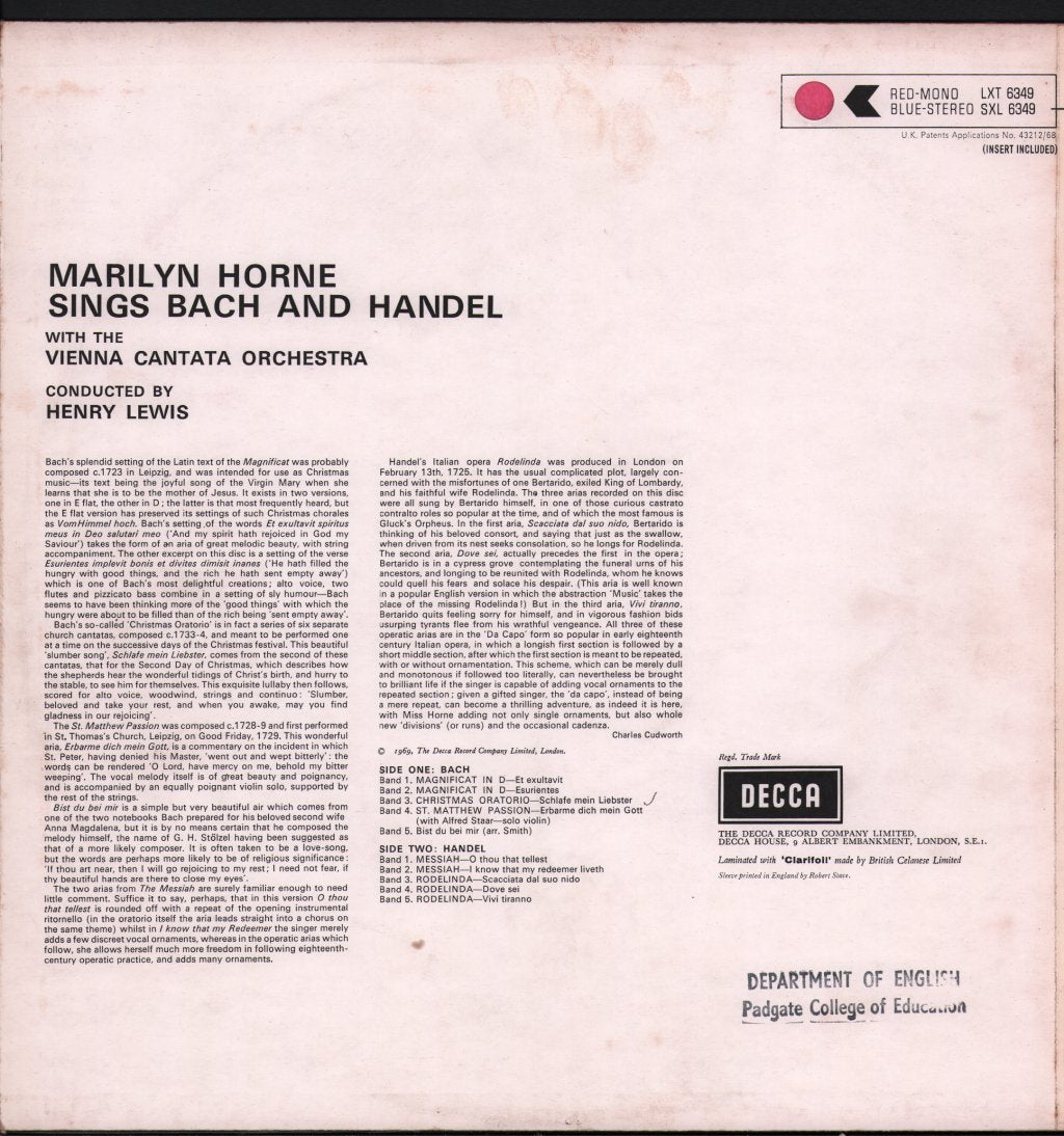 Marilyn Horne / Henry Lewis - Marilyn Horne Sings Bach And Handel - Lp