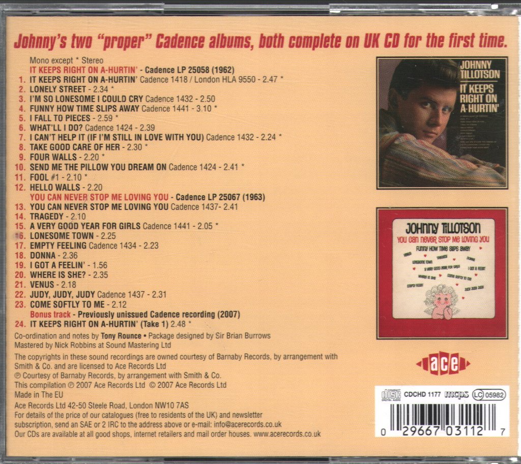 Johnny Tillotson - It Keeps Right on A-Hurtin' / You Can Never Stop Me Loving You - Cd
