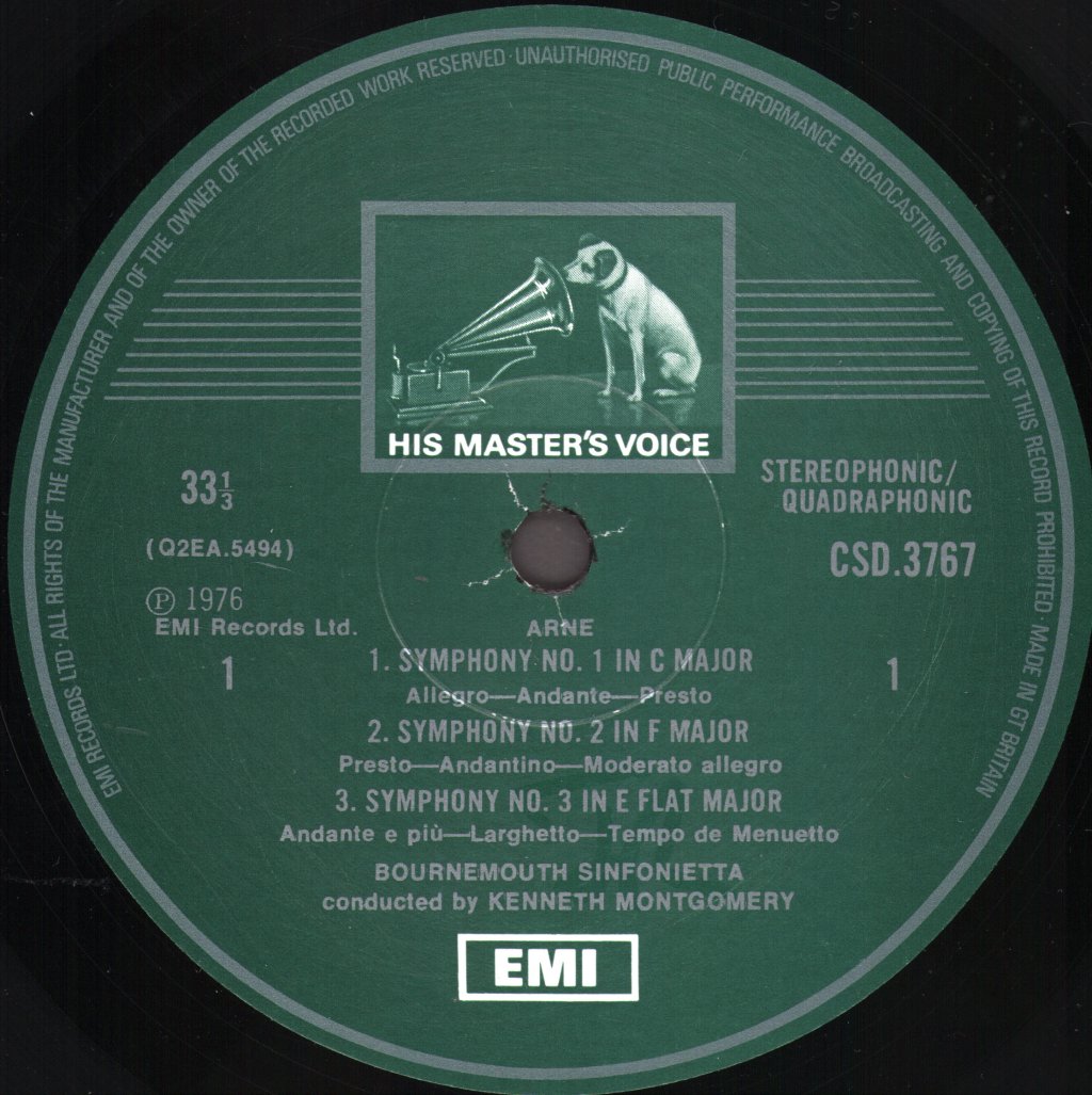 Bournemouth Sinfonietta / Kenneth Montgomery - Thomas Arne / Samuel Wesley - Symphonies - Lp