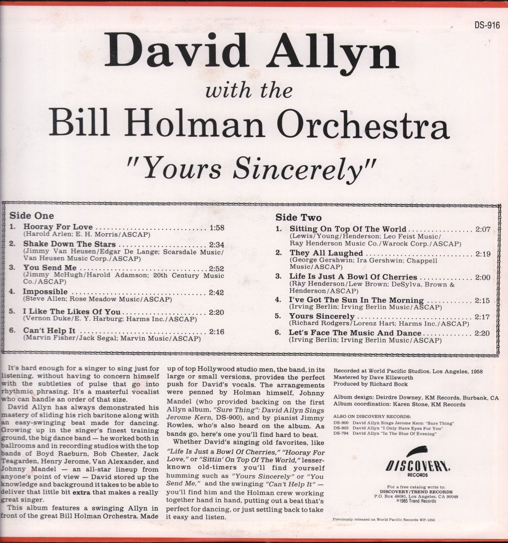 David Allyn With The Bill Holman Orchestra - Yours Sincerely - Lp