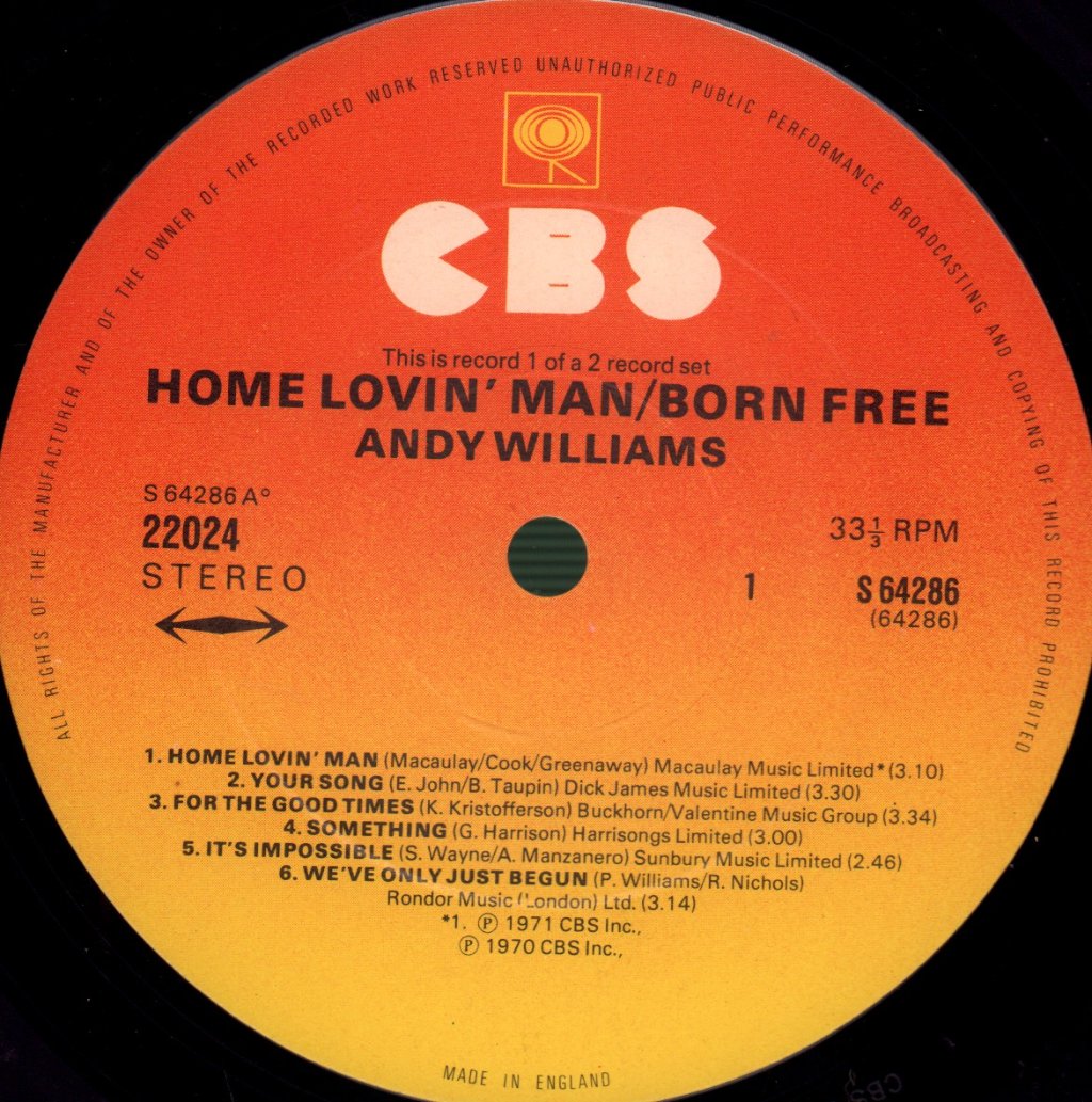 Andy Williams - Home Lovin' Man / Born Free - Double Lp