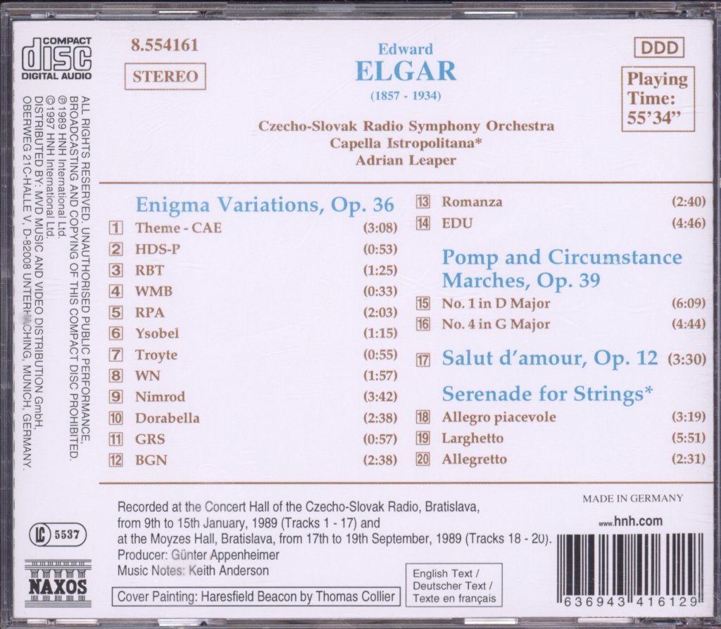 Czecho-Slovak Radio Symphony Orchestra, Capella Istropolitana, Adrian Leaper - Elgar - Enigma Variations / Pomp and Circumstance Marches / Salut d'amour / Serenade for Strings - Cd