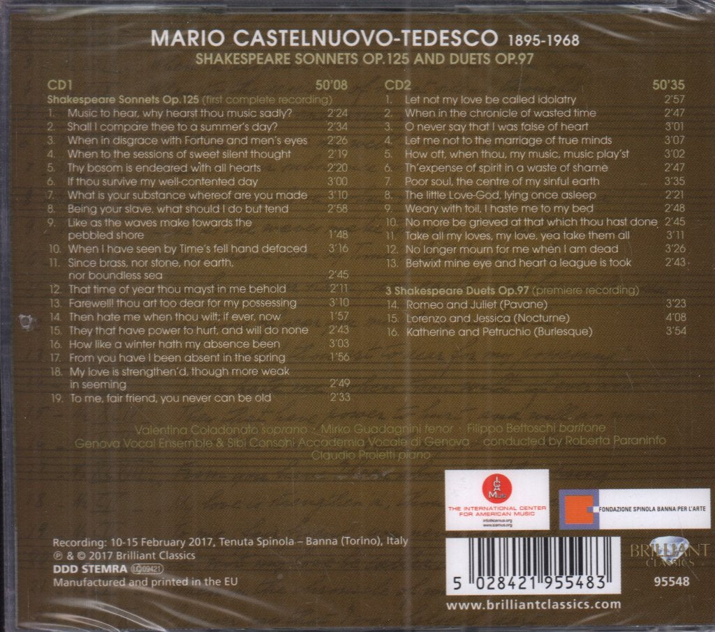 Castelnuovo Tedesco - Shakespeare Sonnets Op. 125 And Duets Op. 97 - Double Cd