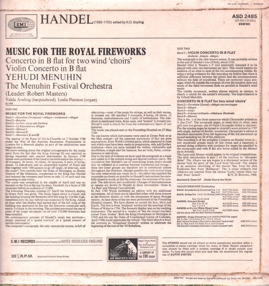 Yehudi Menuhin - Handel - Music For The Royal Fireworks - Lp
