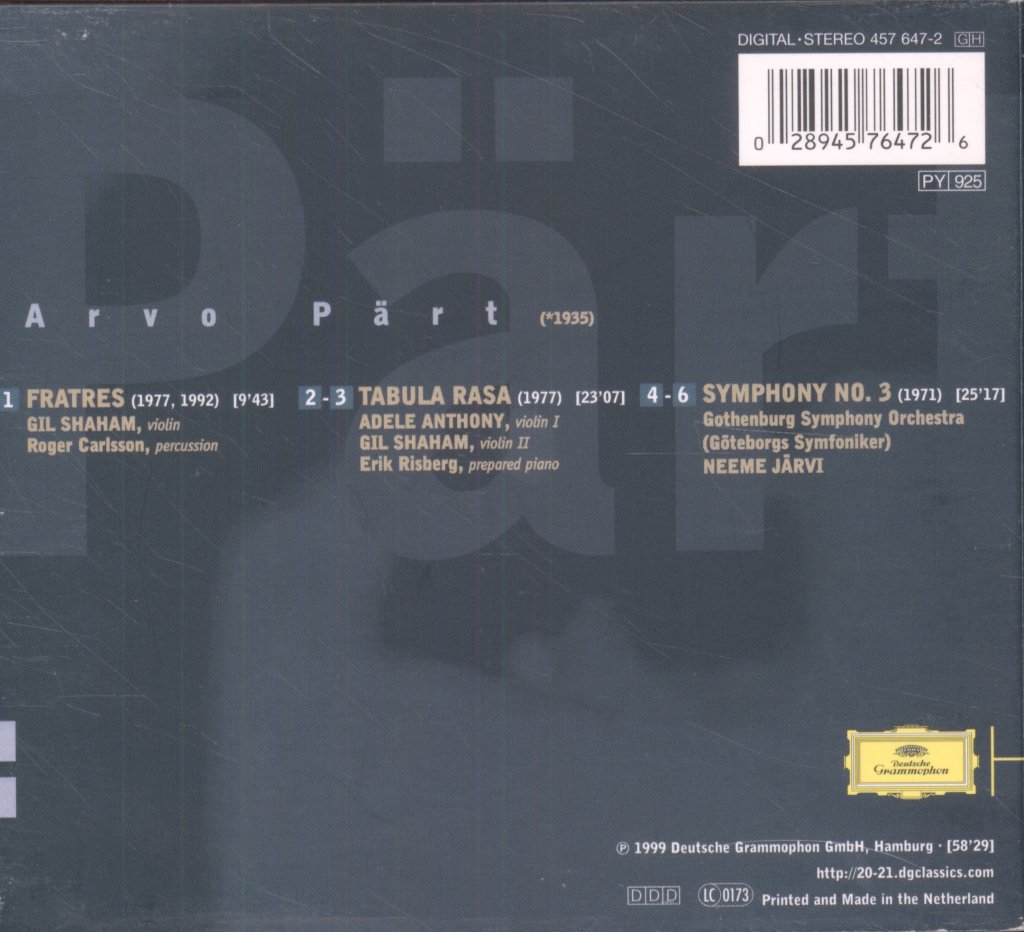 Gothenburg Symphony Orchestra / Neeme Jarvi - Arvo Pärt - Tabula Rasa · Fratres · Symphony No. 3 - Cd