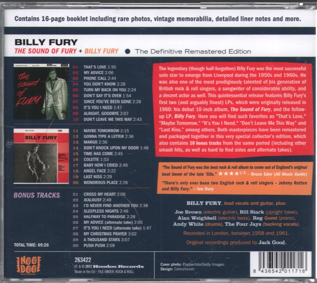 Billy Fury - Sound Of Fury Plus Billy Fury debut album - Cd
