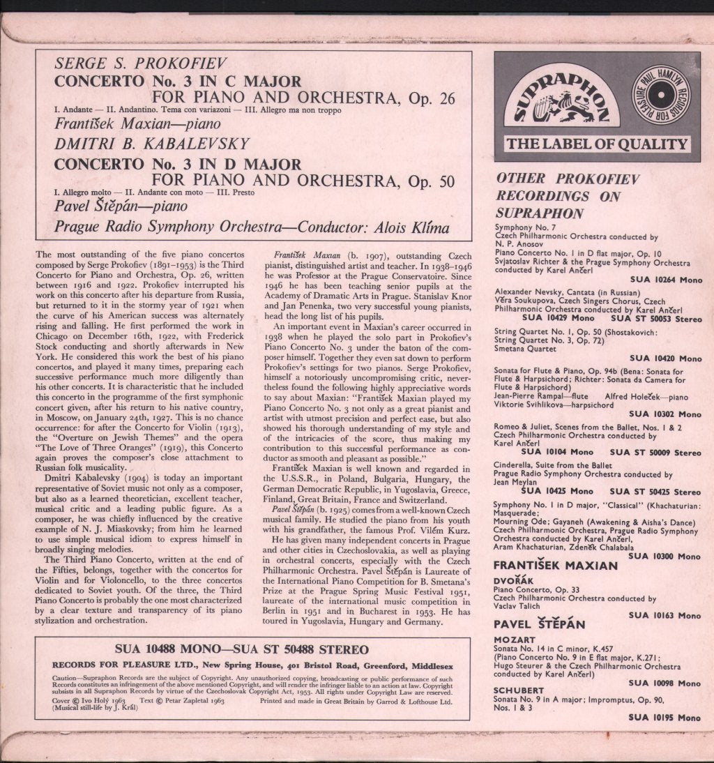 Pavel Stepan / Alois Klima / Prague Radio Symphony Orch - Prokofiev Concerto No.3 For Piano And Orchestra - Lp