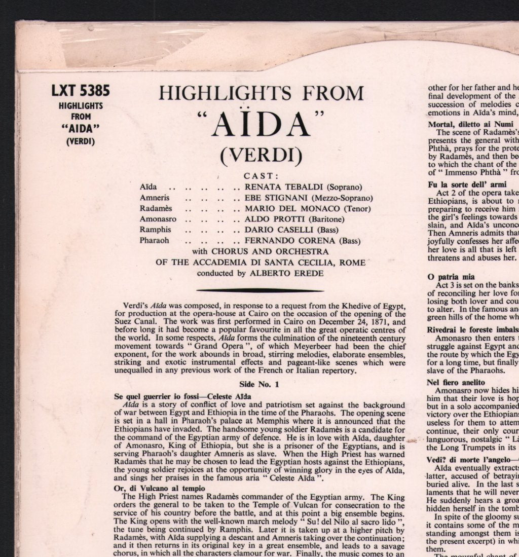 Renata Tebaldi / Ebe Stignani / Mario del Monaco / Chorus and Orchestra Of The Accademia Di Santa Cecilia, Rome / Alberto Erede - Verdi - Highlights From Aida - Lp