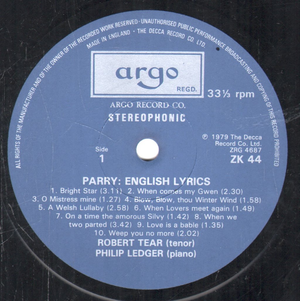 Robert Tear And Philip Ledger - Parry English Lyrics - Lp