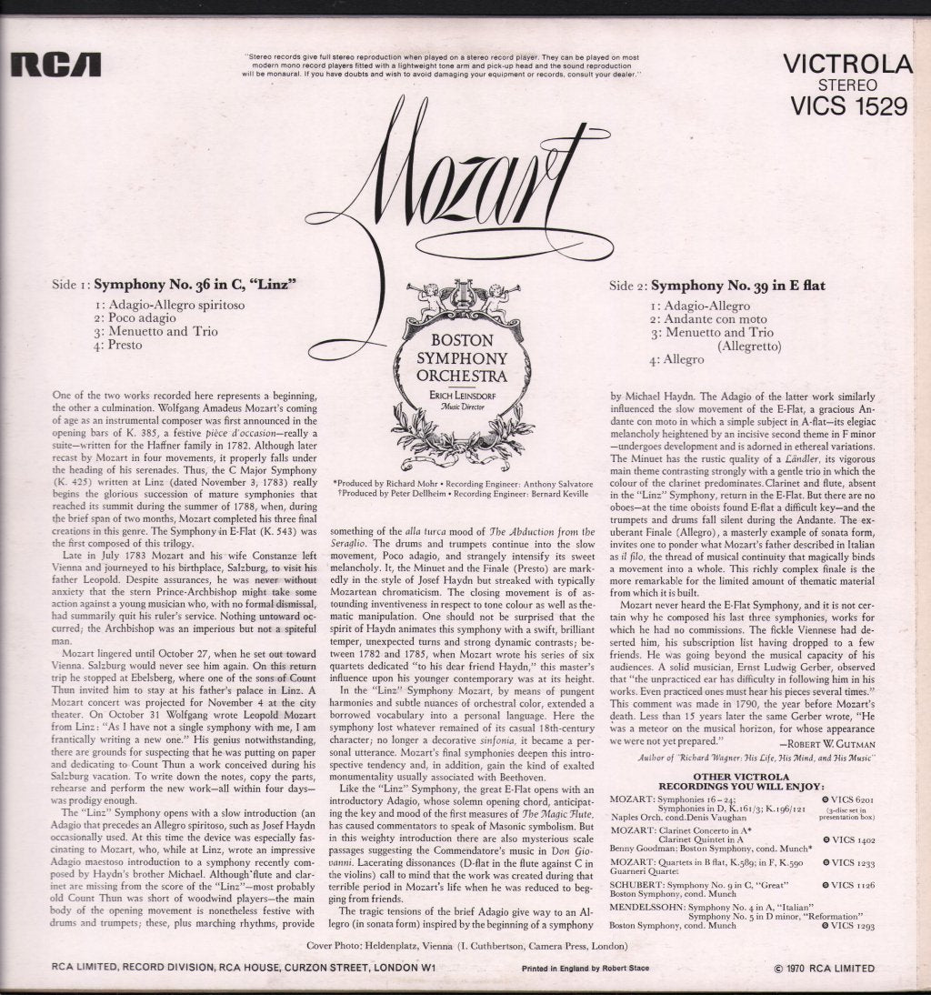 Erich Leinsdorf / Boston Symphony Orchestra - Mozart - Symphony No.36 In C / Symphony No.39 In E Flat - Lp