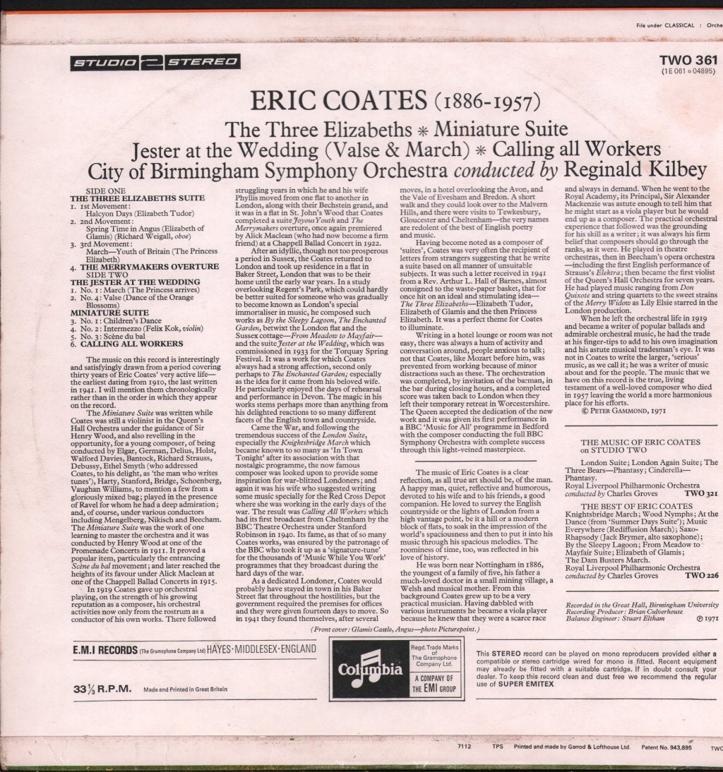 City Of Birmingham Symphony Orchestra / Reginald Kilbey - Eric Coates - Three Elizabeths - Lp