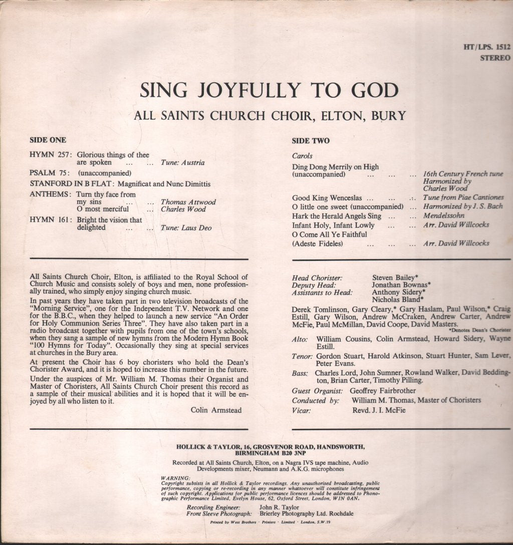 All Saints Church Choir, Elton, Bury - Sing Joyfully To God - Lp