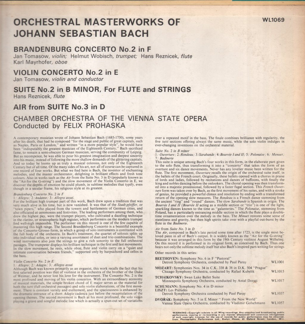 Chamber Orchestra Of The Vienna State Opera / Felix Prohaska - Orchestral Masterworks Of J.S. Bach - Lp