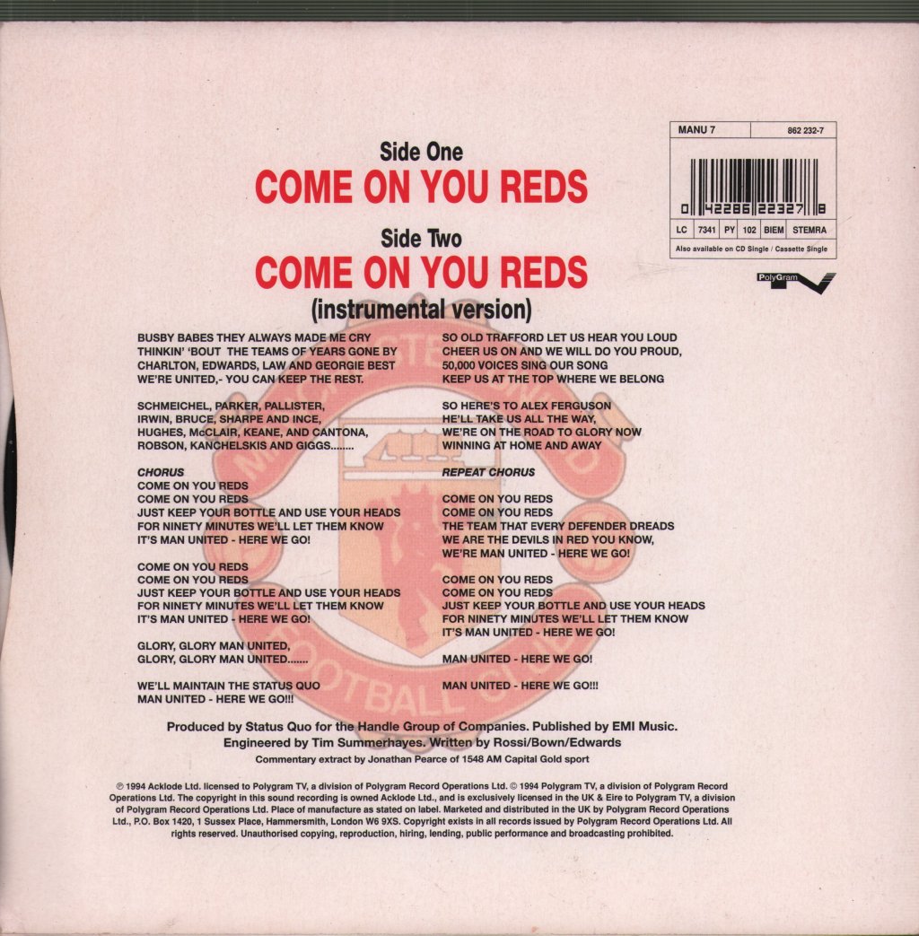 Manchester United Football Team - Come On You Reds - 7 Inch