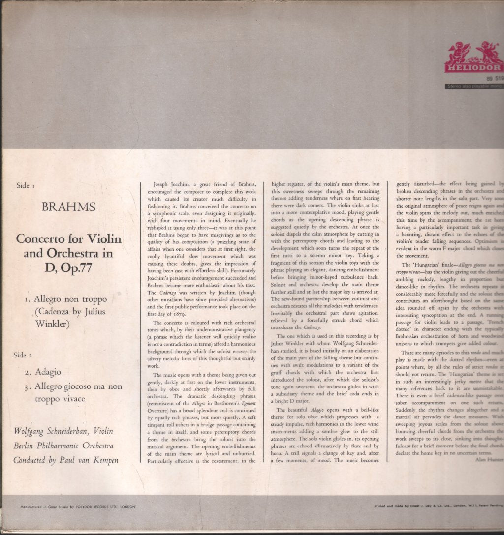Wolfgang Schneiderhan / Berlin Philharmonic Orchetsra / Paul Van Kempen - Brahms - Concerto Violin And Orchestra D major Op. 77 - Lp