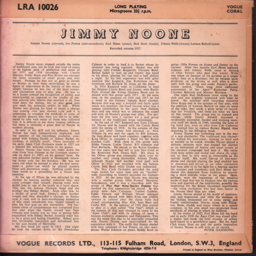 jimmie noone and his apex club orchestra - Jimmie Noone Volume 1 - 10 Inch
