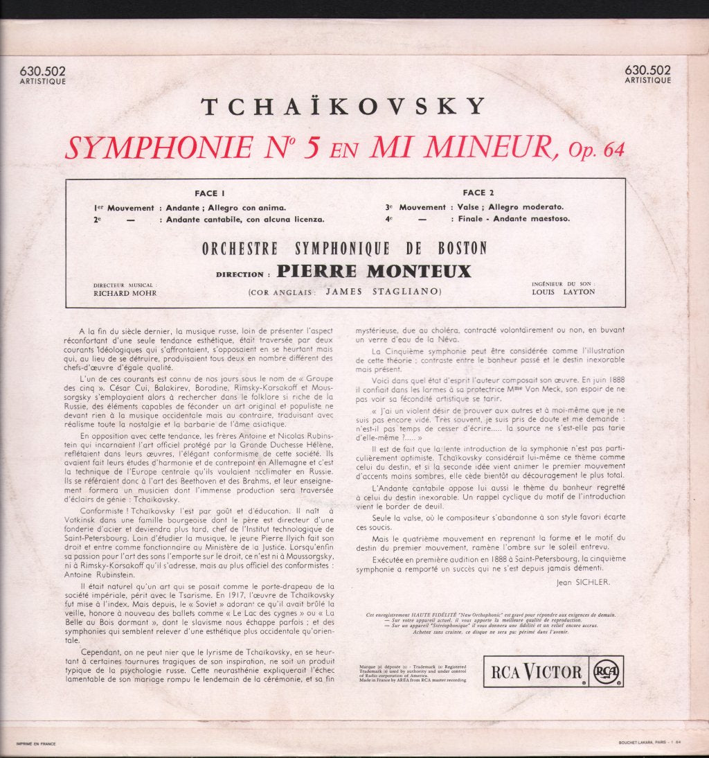 Pierre Monteux / Boston Symphony Orchestra - Tchaikowsky - Symphony No. 5 - Lp