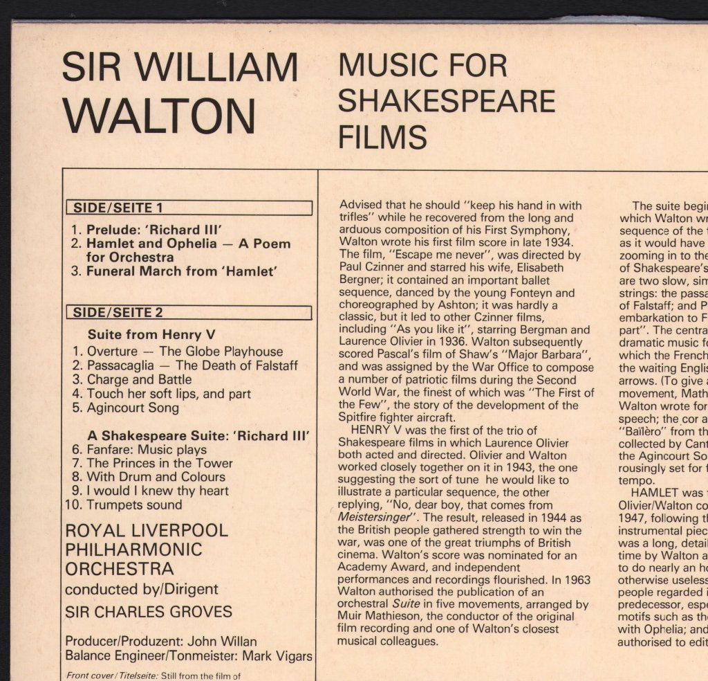 Sir Charles Groves / Royal Liverpool Philharmonic Orchestra - William Walton - Music For Shakespeare Films - Hamlet, Henry V, Richard III - Lp