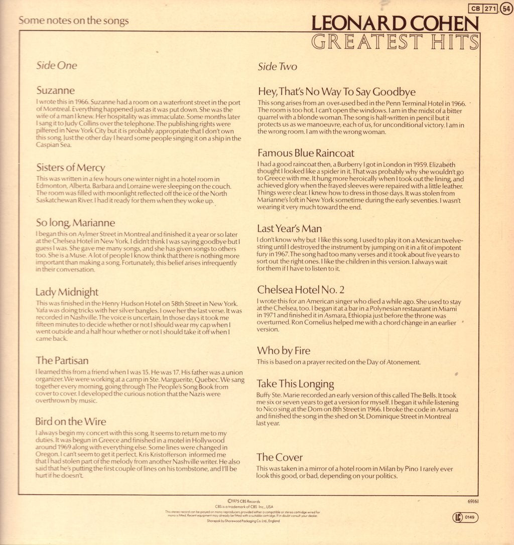 Leonard Cohen - Greatest Hits - Lp
