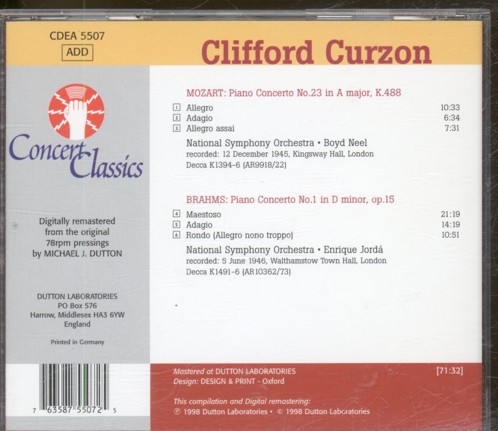Clifford Curzon - Brahms Piano Concerto no 1 etc - Cd