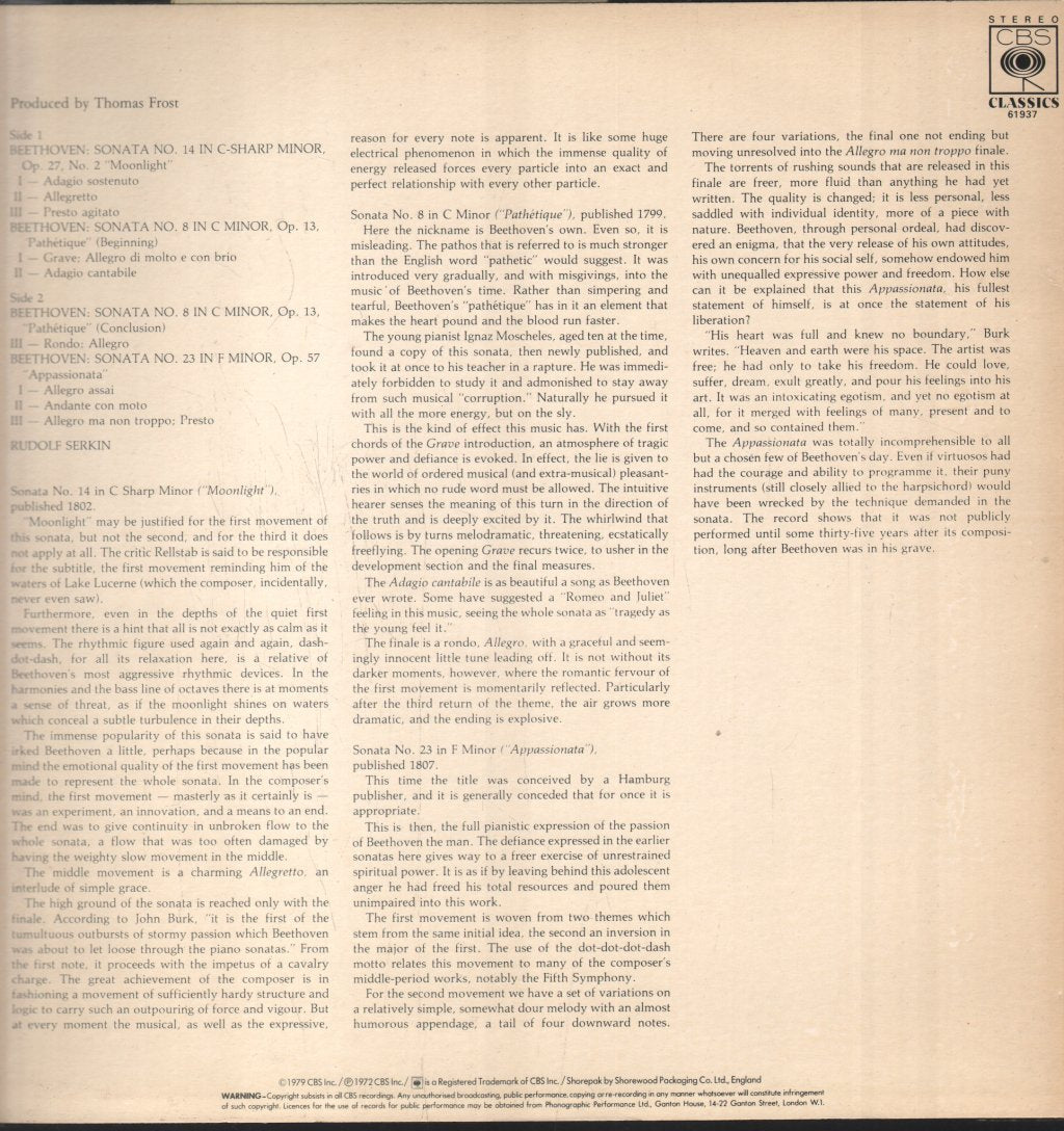 Rudolf Serkin - Beethoven - Sonata No. 14, Sonata No. 8, Sonata No. 23 - Lp