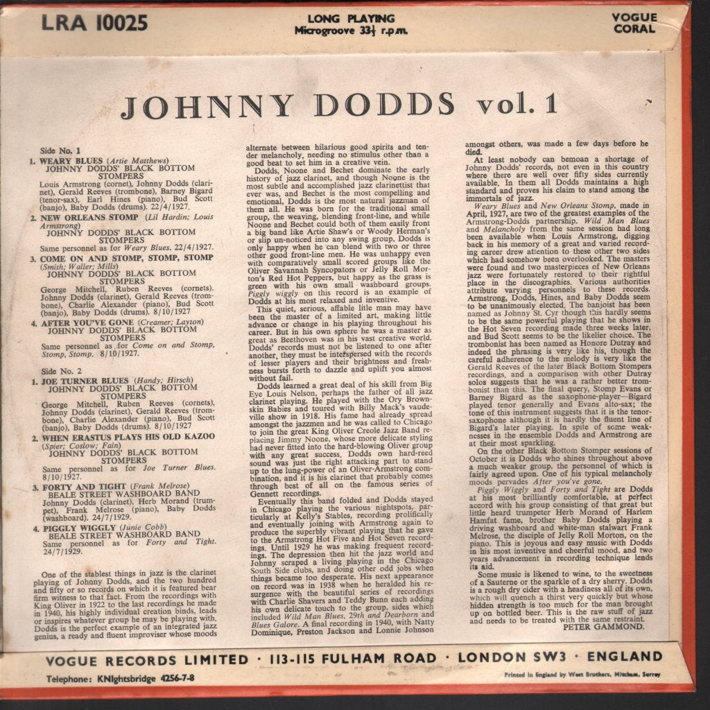Johnny Dodds' Black Bottom Stompers - Johnny Dodds Vol. 1 - 10 Inch