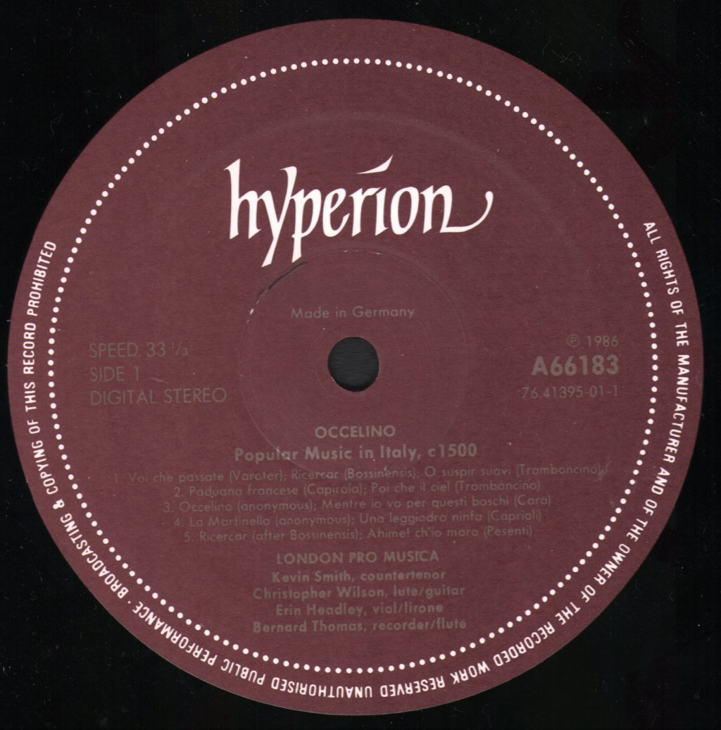 London Pro Musica / Kevin Smith / Christopher Wilson / Erin Headley / Bernard Thomas - Occelino - Popular Music In Italy, c1500 - Lp