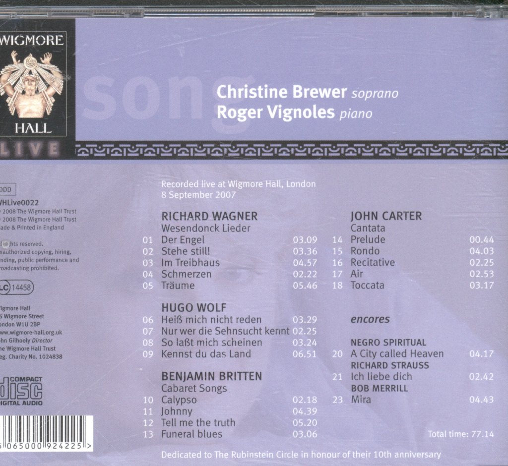 Christine Brewer, Roger Vignoles - Songs By Wagner, Wolf, Britten And John Carter - Cd