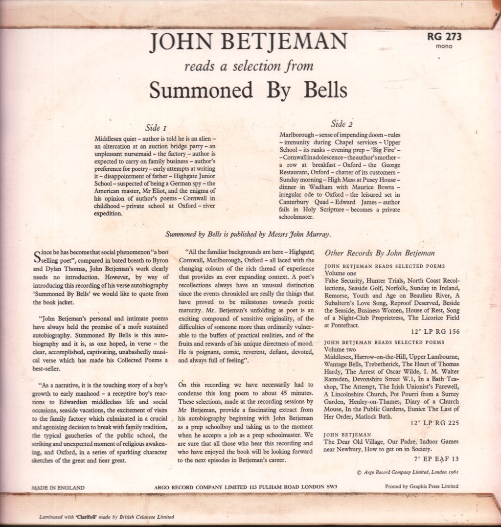 John Betjeman - Summoned By Bells - Lp