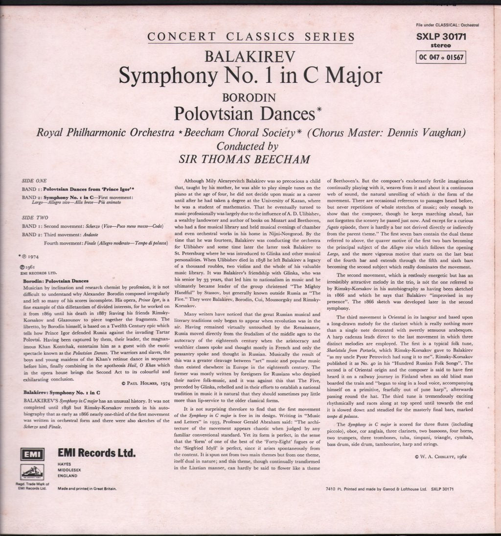 Sir Thomas Beecham / Royal Philharmonic Orchestra / Beecham Choral Society - Borodin - Polovtsian Dances / Balakirev - Symphony No.1 In C Major - Lp