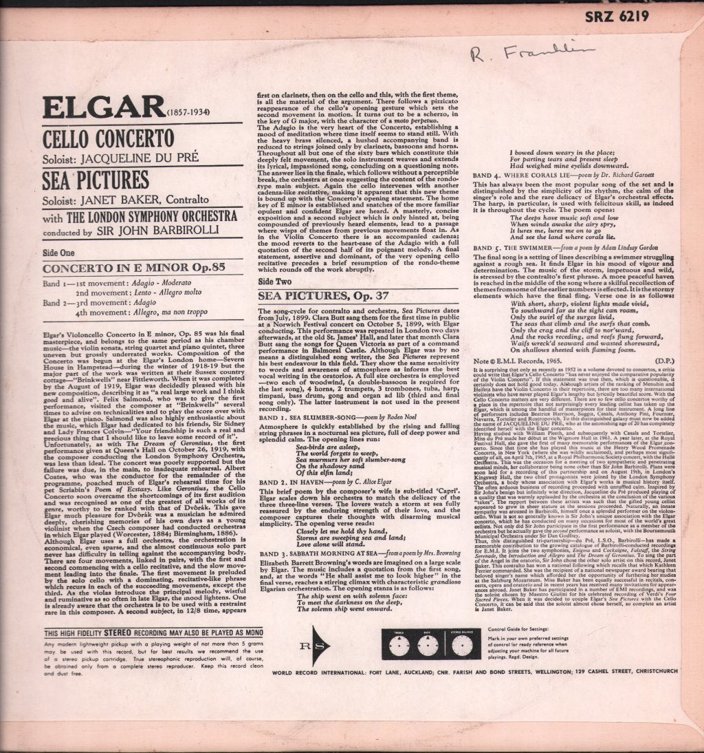 Jacqueline Du Pre / Janet Baker / Sir John Barbirolli / London Symphony Orchestra - Elgar - Cello Concerto / Sea Pictures - Lp