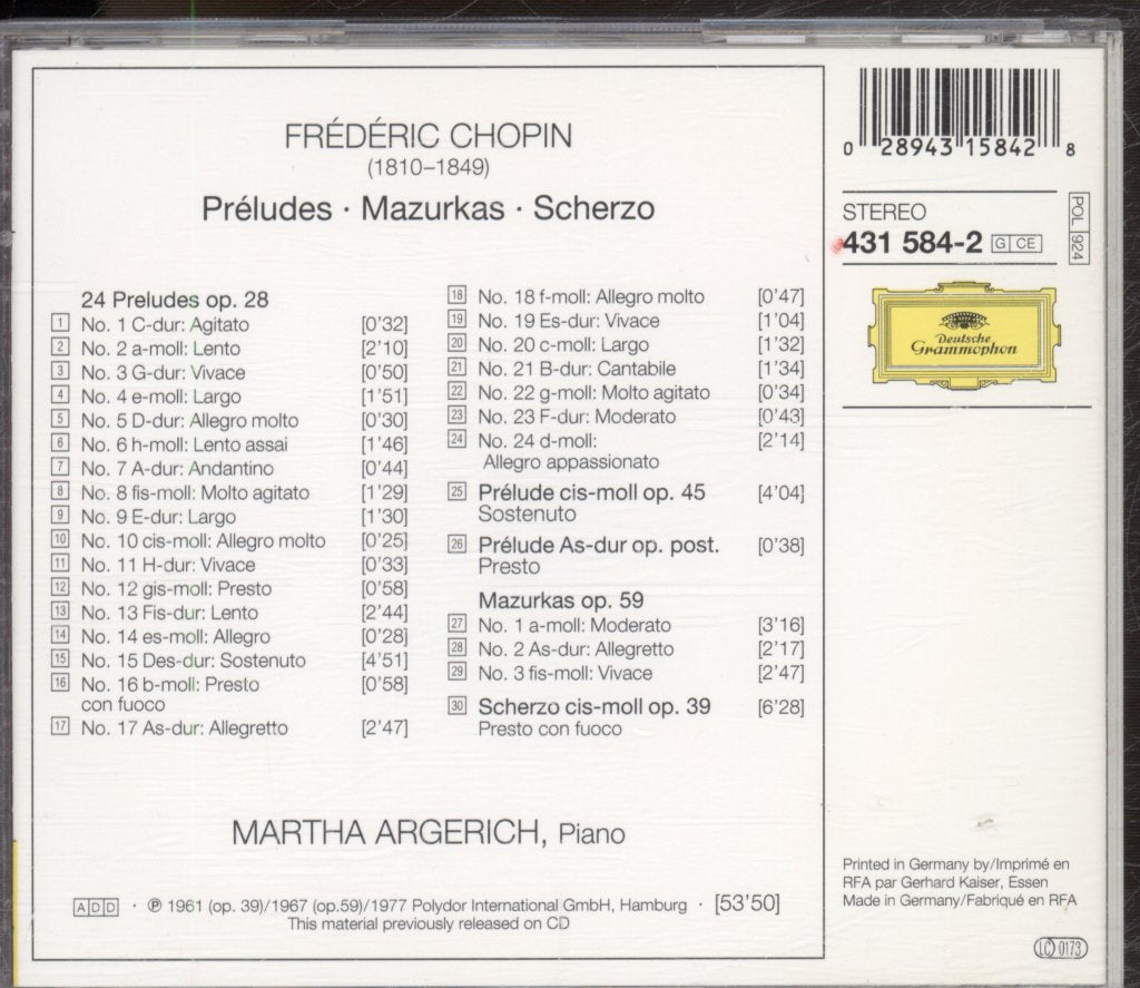 Martha Argerich - Chopin - 26 Preludes / 3 Mazurken Op. 59 / Scherzo Op. 39 - Cd