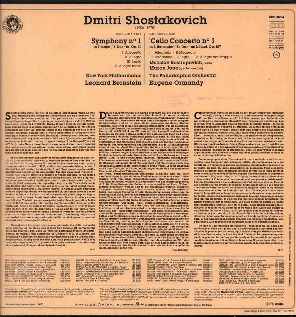 Mstislav Rostropovich / Eugene Ormandy - Shostakovitch - Cello Concerto / Symphony No.1 - Lp