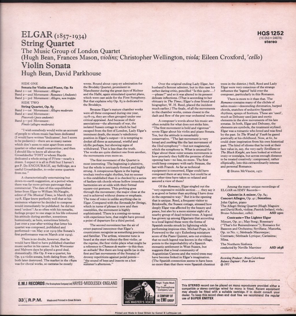 Hugh Bean / David Parkhouse - Elgar - Violin Sonata String Quartet - Lp