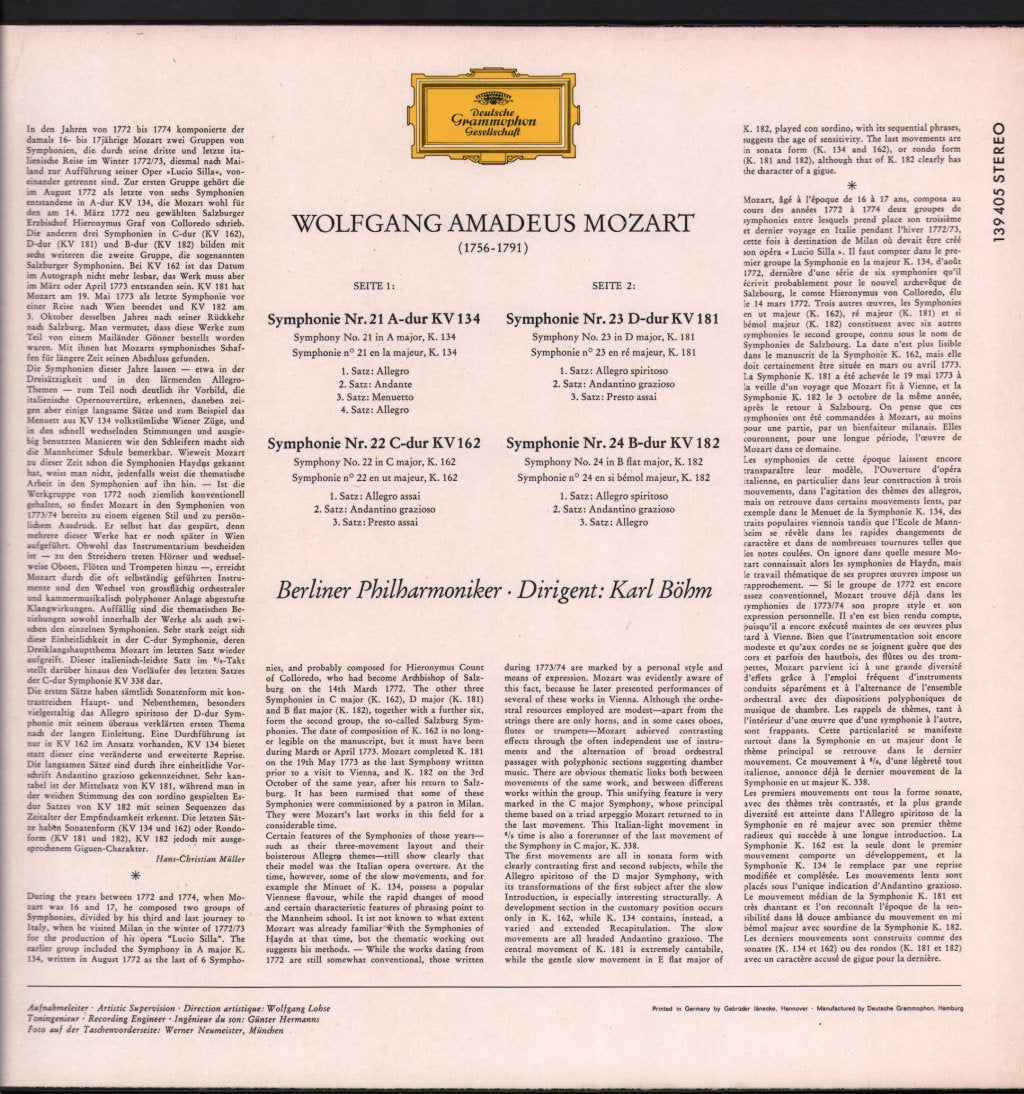 Karl Bohm / Berliner Philharmoniker - Mozart - Symphonien Nr. 21 A-Dur • Nr. 22 C-Dur • Nr. 23 D-Dur • Nr. 24 B-Dur - Lp