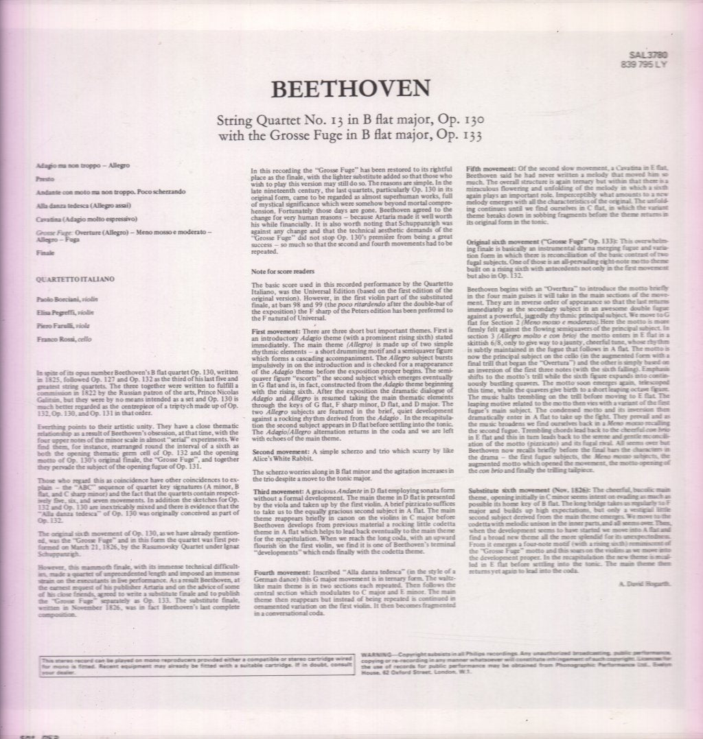 Quartetto Italiano - Beethoven String Quartet In B Flat And Grosse Fuge - Lp
