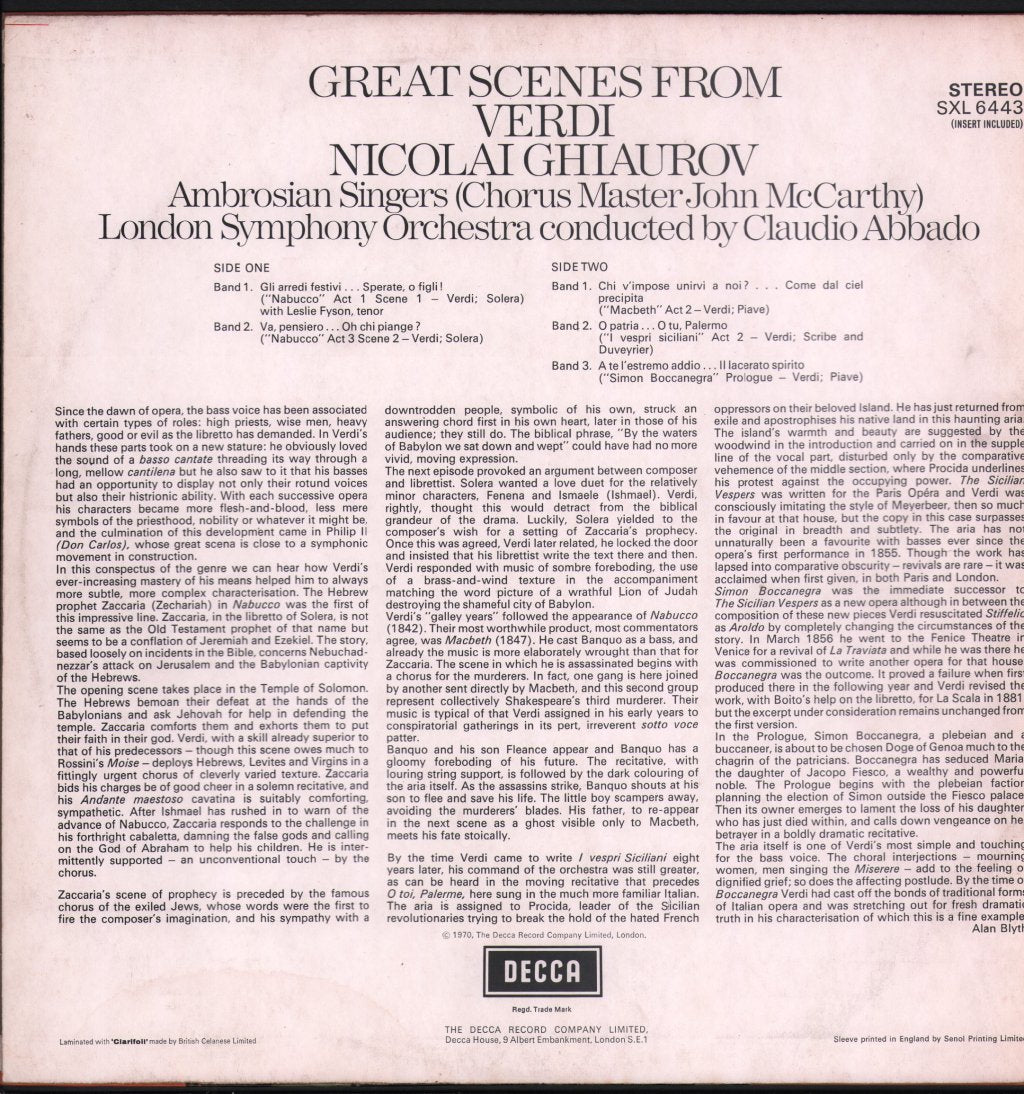 Nicolai Ghiaurov / Ambrosian Singers / London Symphony Orchestra / Claudio Abbado - Great Scenes From Verdi - Lp
