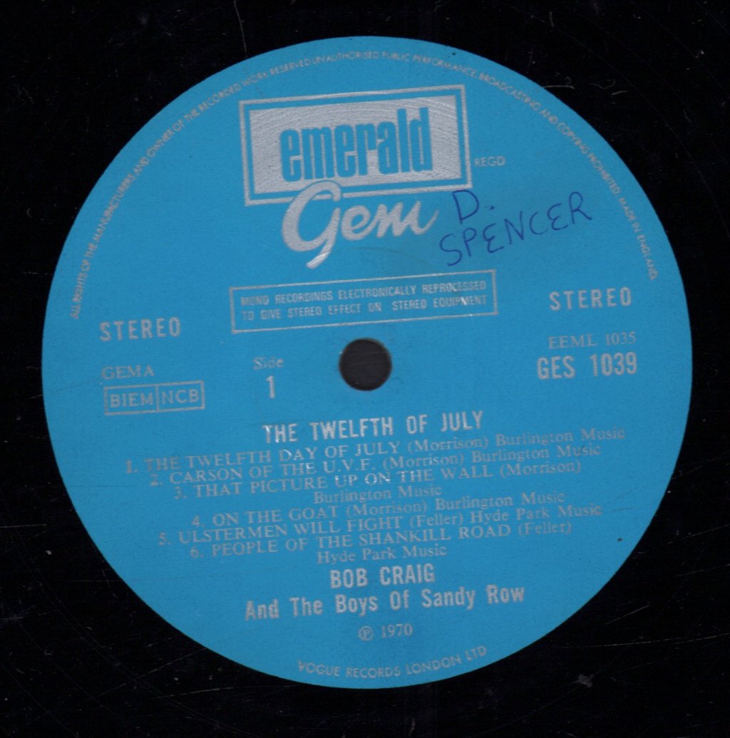 Bob Craig And The Boys Of Sandy Row - Twelfth Of July - Lp