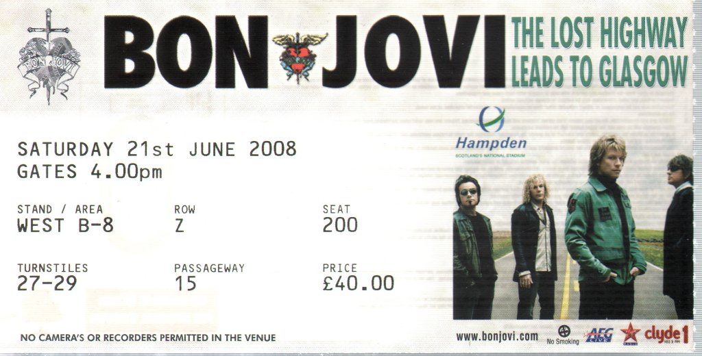 Bon Jovi - Lost Highway Leads To Glasgow - Ticket