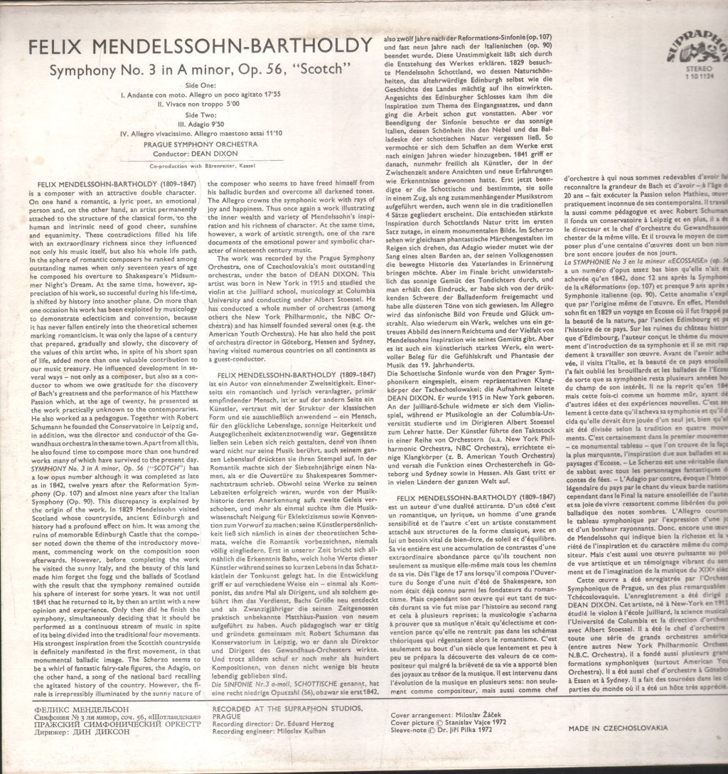Prague Symphony Orchestra / Dean Dixon - Mendelssohn - Symphony No. 3 In A Minor "Scotch" - Lp