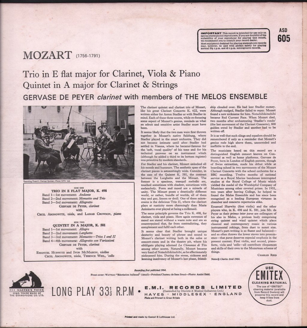 Gervase de Peyer with members of the Melos Ensemble - Mozart - Trio In E Flat Major, K.498; Quintet In A Major, K.581 - Lp