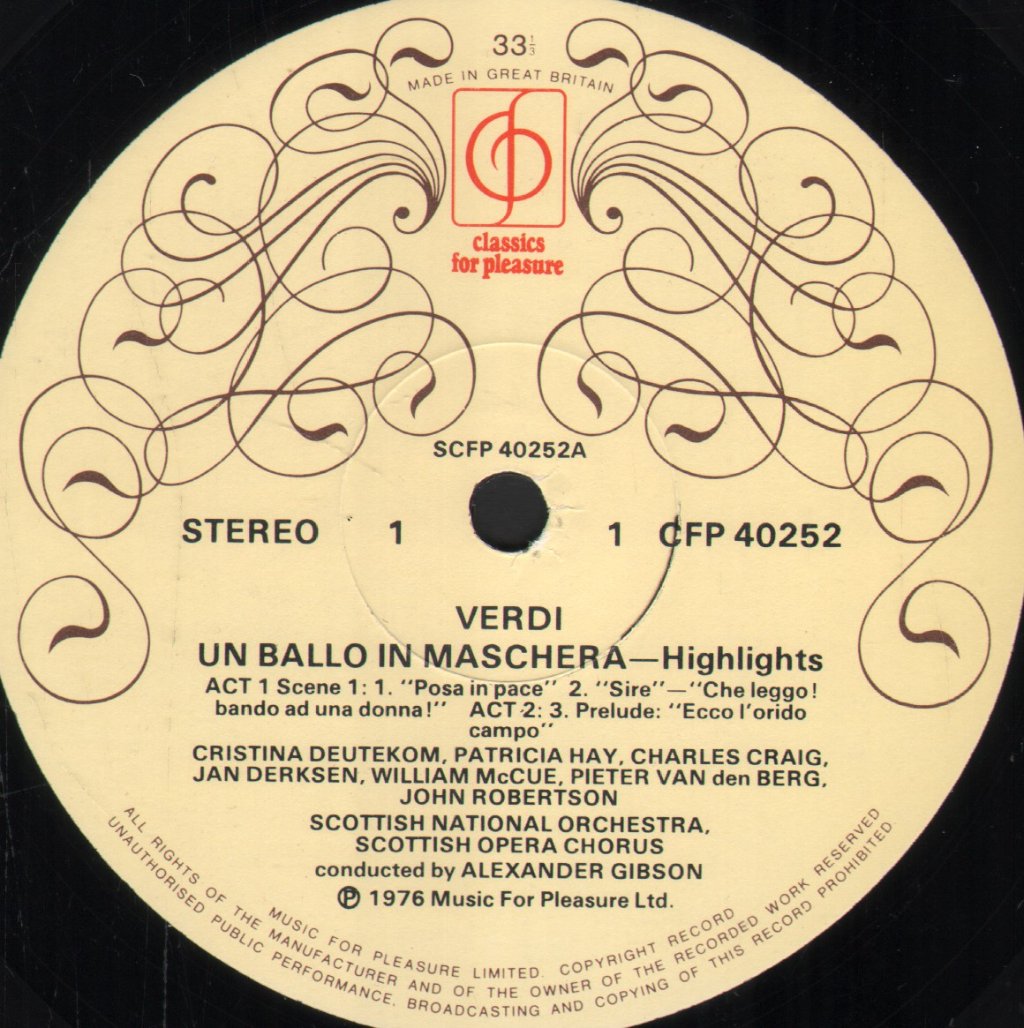 Alexander Gibson / Scottish National Orchestra / Scottish Opera Chorus - Verdi - Un Ballo In Maschera Highlights - Lp