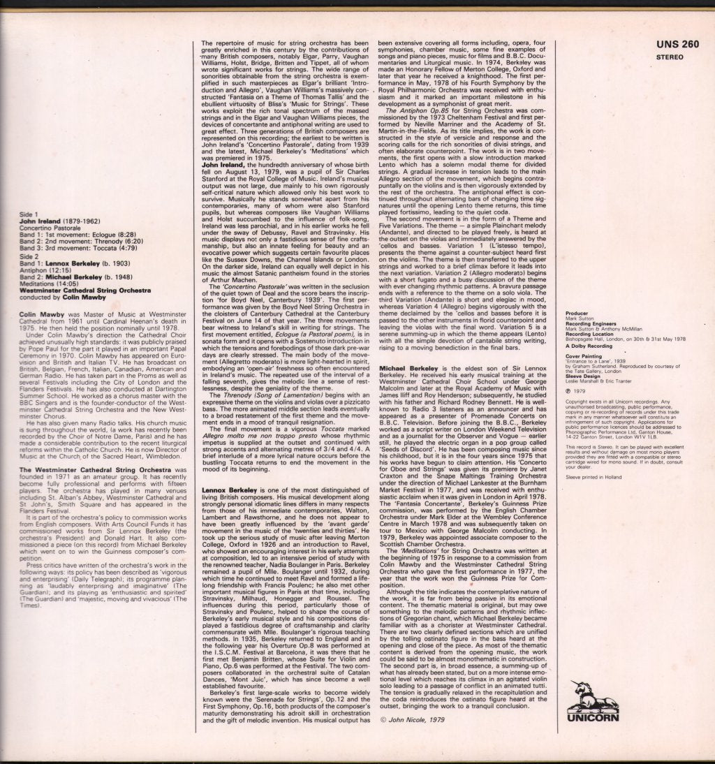 Westminster Cathedral String Orchestra / Colin Mawby - Ireland, Lennox & Michael Berkeley - Music for Strings - Lp
