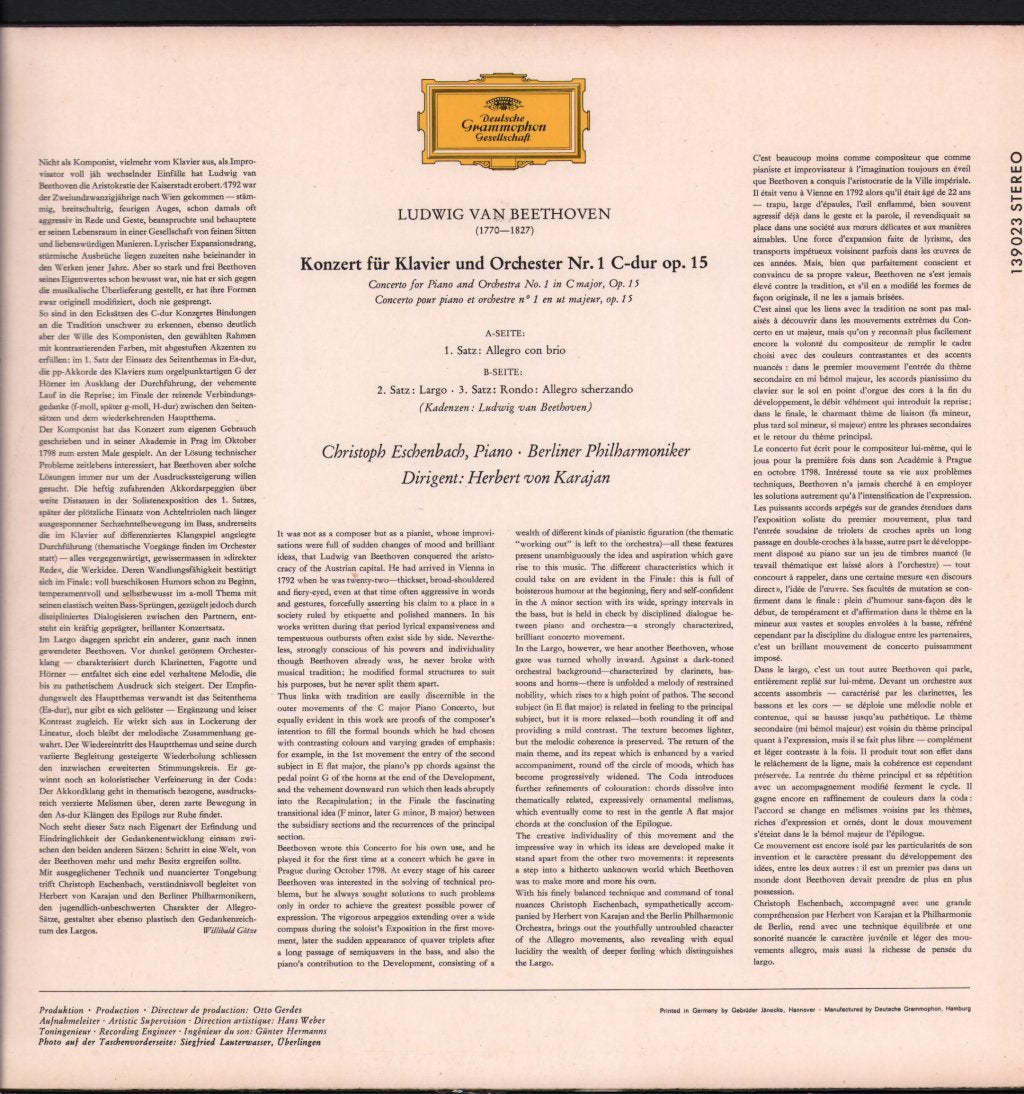 Christoph Eschenbach / Herbert von Karajan / Berliner Philharmoniker - Beethoven - Klavierkonzert Nr. 1 C-dur - Lp