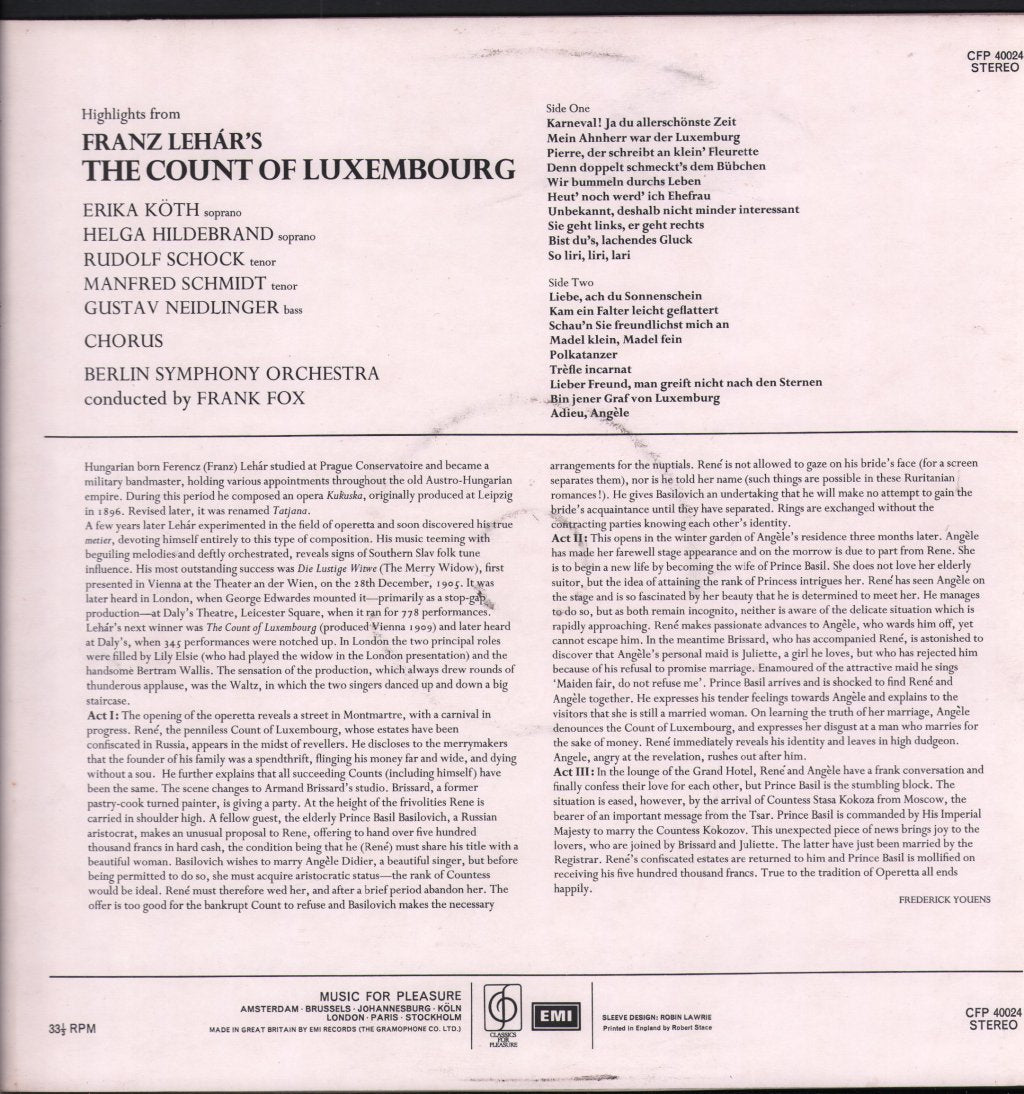 Erika Koth / Rudolf Schock / Helga Hildebrand / Berlin Symphony Orchestra / Frank Fox - Franz Lehar - Highlights From The Count Of Luxembourg - Lp