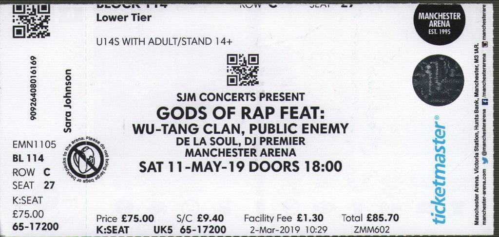 Wu Tang Clan/Public Enemy/De La Soul/DJ Premier - Gods Of Rap - Manchester Arena 11 May 2019 - Ticket