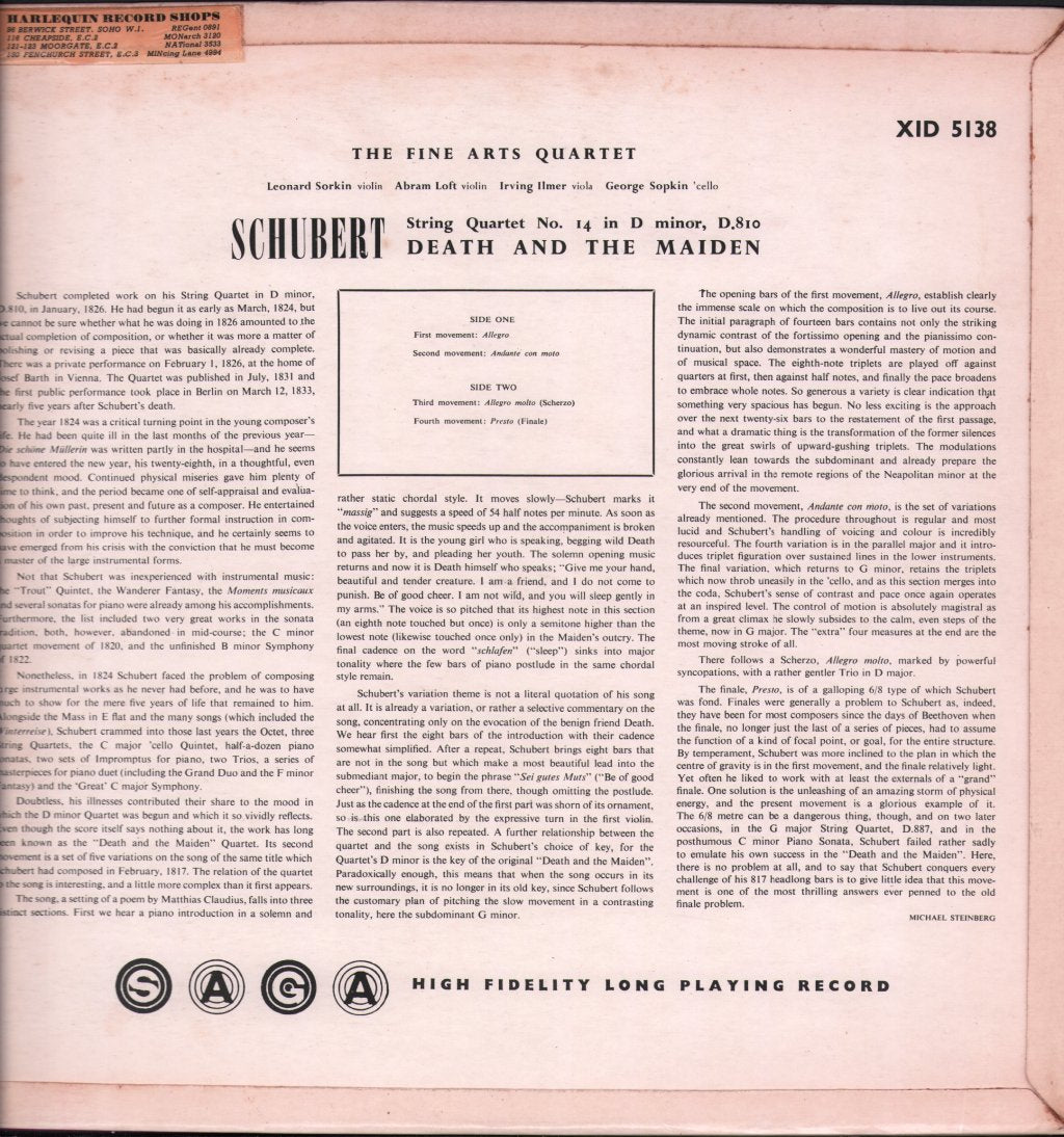 Fine Arts Quartet - Franz Schubert - String Quartet In D Minor, D.810, "Death And The Maiden" - Lp