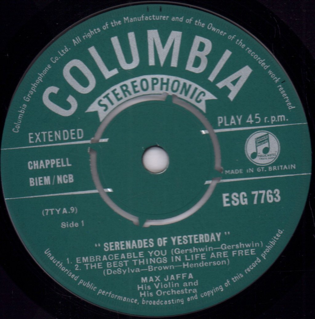 Max Jaffa His Violin And His Orchestra - Serenades Of Yesterday - 7 Inch